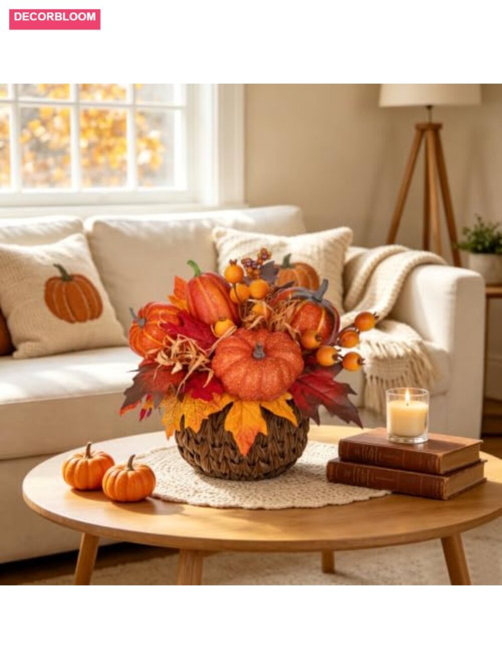 10" Artificial Pumpkin with Woven Basket Fall Centerpiece Decor - Picture 3 of 6